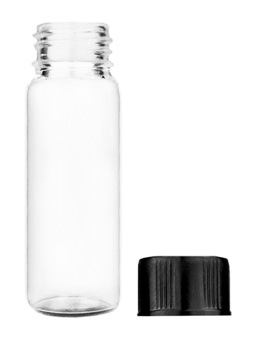 Vial design 1 dram Clear glass vial with black short cap.