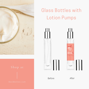 50ml sleek clear Glass Bottle with shiny silver lotion pump. For use with lotions, moisturizers, and creams.