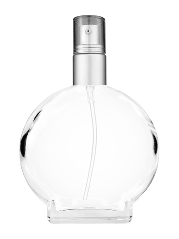 Circle design 100 ml, 3 1/2oz  clear glass bottle  with with a matte silver collar treatment pump and clear overcap.