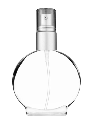 Circle design 50 ml, 1.7oz  clear glass bottle  with with a matte silver collar treatment pump and clear overcap.