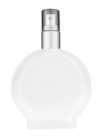 Circle design 100 ml, 3 1/2oz frosted glass bottle with with a matte silver collar treatment pump and clear overcap.