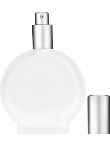 Circle design 100 ml, 3 1/2oz frosted glass bottle with matte silver lotion pump.