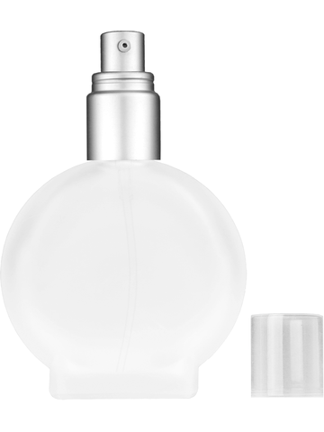 Circle design 50 ml, 1.7oz  frosted glass bottle with  with a matte silver collar treatment pump and clear overcap.