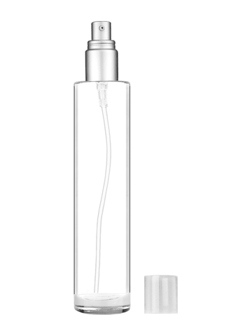 Cylinder design 100 ml, 3 1/2oz  clear glass bottle  with with a matte silver collar treatment pump and clear overcap.