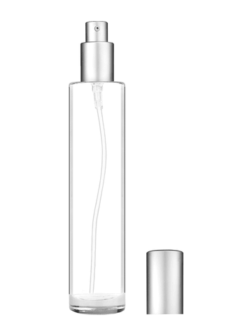 Cylinder design 100 ml, 3 1/2oz  clear glass bottle  with matte silver lotion pump.