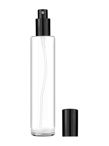 Cylinder design 100 ml, 3 1/2oz  clear glass bottle  with shiny black lotion pump.