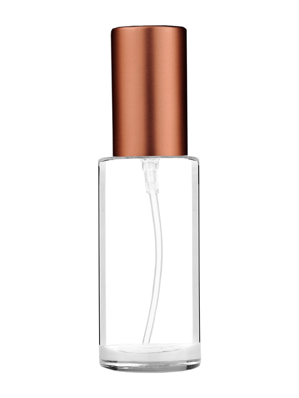 Cylinder design 30 ml 1oz  clear glass bottle  with matte copper lotion pump.