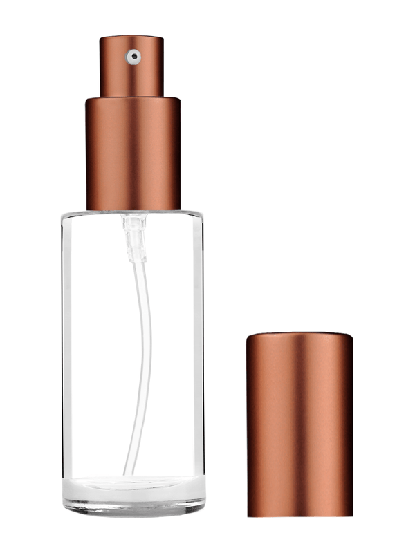 Cylinder design 30 ml 1oz  clear glass bottle  with matte copper lotion pump.