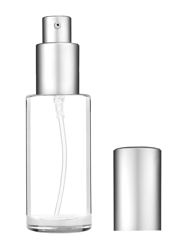 Cylinder design 25ml clear glass bottle  with matte silver lotion pump.