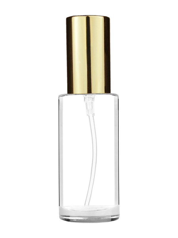 Cylinder design 25ml clear glass bottle  with shiny gold lotion pump.