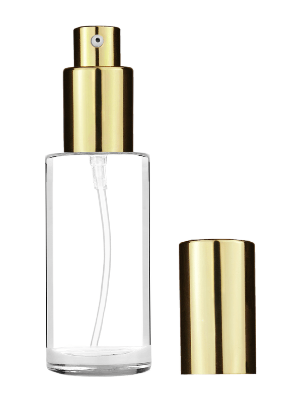 Cylinder design 25ml clear glass bottle  with shiny gold lotion pump.