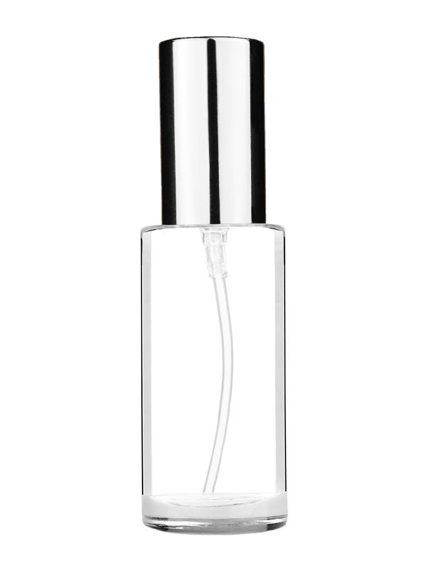 Cylinder design 25 ml clear glass bottle  with shiny silver lotion pump.