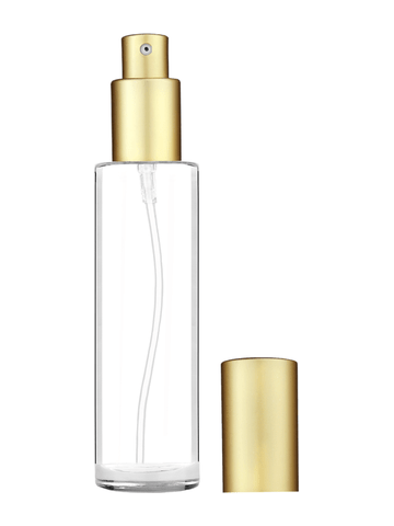 Cylinder design 50 ml, 1.7oz  clear glass bottle  with matte gold lotion pump.