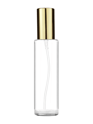 Cylinder design 50 ml, 1.7oz  clear glass bottle  with shiny gold lotion pump.