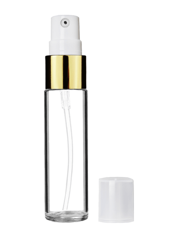 Cylinder design 9ml,1/3 oz clear glass bottle with treatment pump with gold trim and plastic overcap.