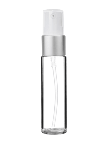 Cylinder design 9ml,1/3 oz clear glass bottle with treatment pump with matte silver trim plastic overcap.