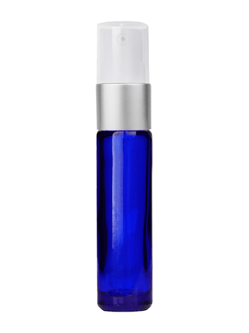 Cylinder design 9ml,1/3 oz Cobalt blue glass bottle with treatment pump with matte silver trim plastic overcap.