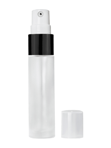 Cylinder design 9ml,1/3 oz frosted glass bottle with treatment pump with black trim and plastic overcap.