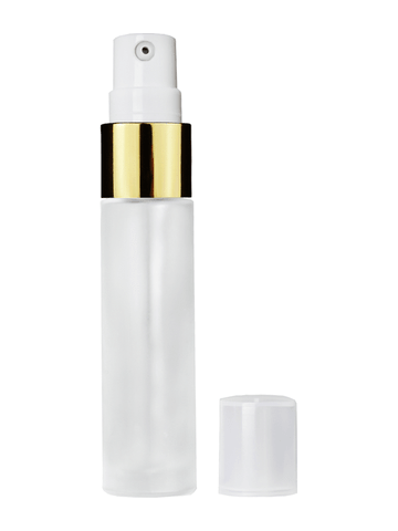 Cylinder design 9ml,1/3 oz frosted glass bottle with treatment pump with gold trim and plastic overcap.