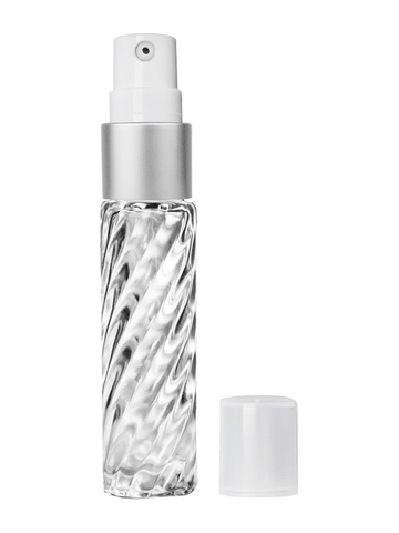 Cylinder swirl design 9ml,1/3 oz glass bottle with treatment pump with matte silver trim plastic overcap.