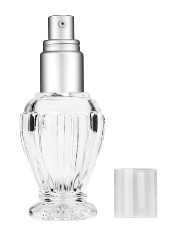 Diva design 30 ml, 1oz  clear glass bottle  with with a matte silver collar treatment pump and clear overcap.