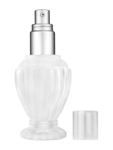 Diva design 46 ml, 1.64oz frosted glass bottle with with a matte silver collar treatment pump and clear overcap.