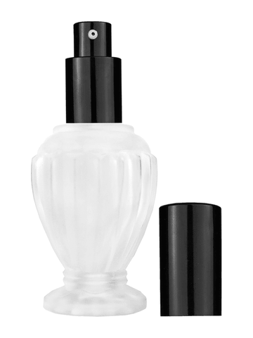 Diva design 46 ml, 1.64oz frosted glass bottle with shiny black lotion pump.