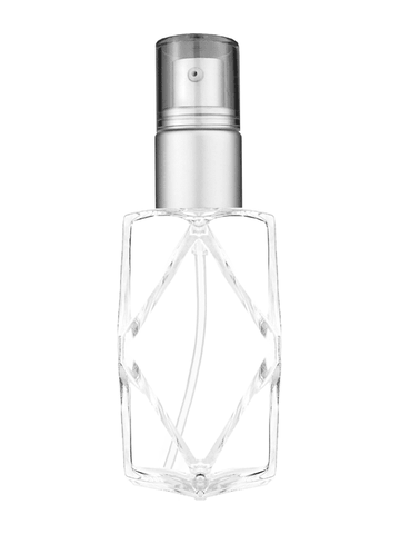 Diamond design 60ml, 2 ounce  clear glass bottle  with with a matte silver collar treatment pump and clear overcap.