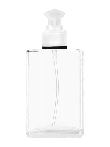 Elegant design 100 ml, 3 1/2oz  clear glass bottle  with white rectangular with clear over the cap.