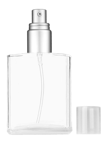 Elegant design 60 ml, 2oz  clear glass bottle  with with a matte silver collar treatment pump and clear overcap.