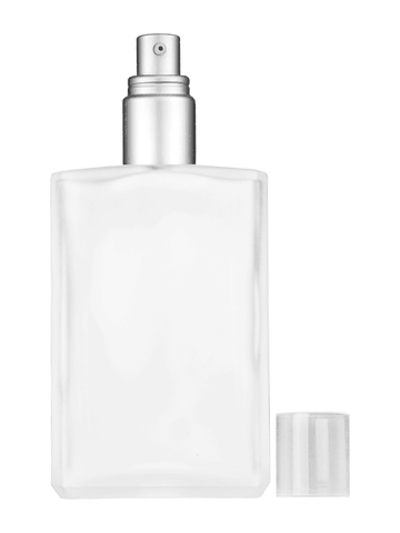 Elegant design 100 ml, 3 1/2oz frosted glass bottle with with a matte silver collar treatment pump and clear overcap.