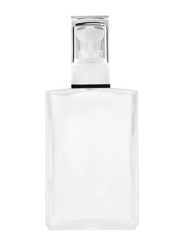 Elegant design 100 ml, 3 1/2oz frosted glass bottle with white rectangular with clear over the cap.