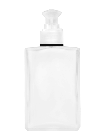 Elegant design 100 ml, 3 1/2oz frosted glass bottle with white rectangular with clear over the cap.