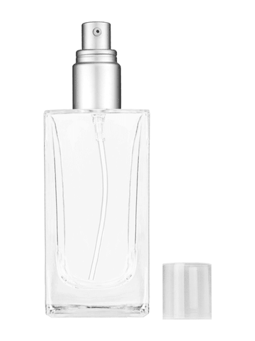 Empire design 100 ml, 3 1/2oz  clear glass bottle  with with a matte silver collar treatment pump and clear overcap.