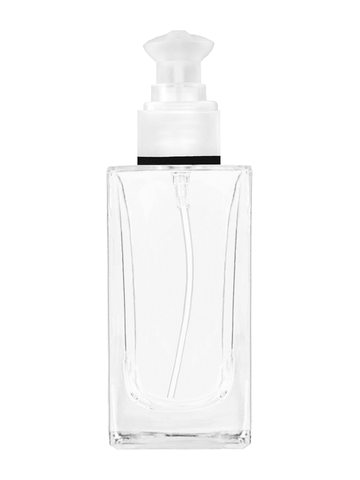 Empire design 100 ml, 3 1/2oz  clear glass bottle  with white rectangular with clear over the cap.