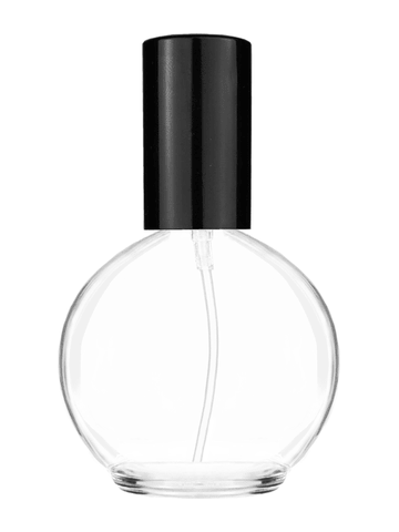 Round design 78 ml, 2.65oz  clear glass bottle  with shiny black lotion pump.