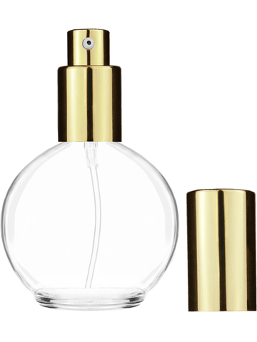 Round design 78 ml, 2.65oz  clear glass bottle  with shiny gold lotion pump.