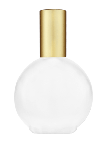 Round design 128 ml, 4.33oz frosted glass bottle with matte gold lotion pump.