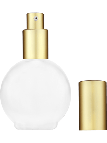 Round design 78 ml, 2.65oz frosted glass bottle with matte gold lotion pump.