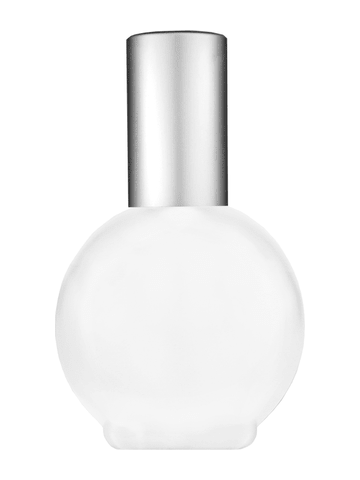 Round design 78 ml, 2.65oz frosted glass bottle with matte silver lotion pump.