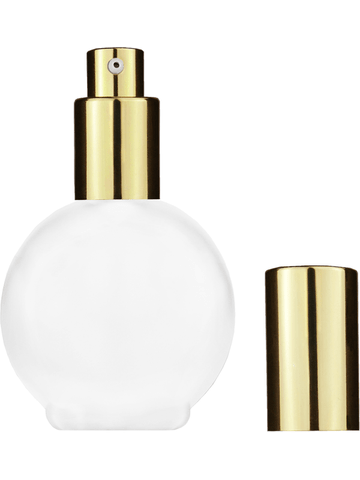 Round design 78 ml, 2.65oz frosted glass bottle with shiny gold lotion pump.