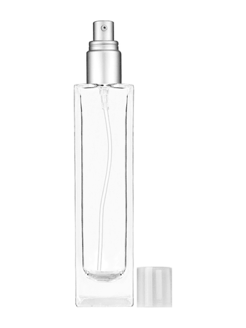 Sleek design 100 ml, 3 1/2oz  clear glass bottle  with with a matte silver collar treatment pump and clear overcap.