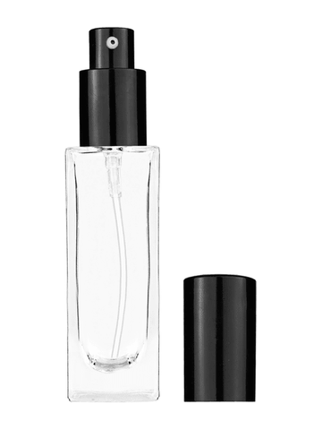 Sleek design 30 ml, 1oz  clear glass bottle  with shiny black lotion pump.