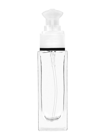 Sleek design 30 ml, 1oz  clear glass bottle  with white rectangular with clear over the cap.