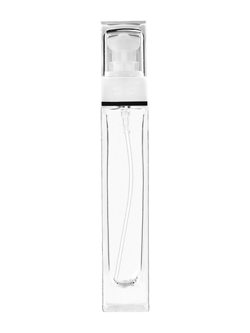 Sleek design 50 ml, 1.7oz  clear glass bottle  with white rectangular with clear over the cap.