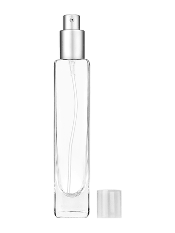 Slim design 100 ml, 3 1/2oz  Clear glass bottle with  with a matte silver collar treatment pump and frosted overcap.