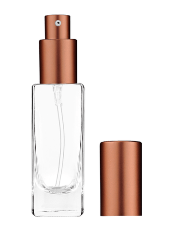 Slim design 30 ml, 1oz  clear glass bottle  with matte copper lotion pump.