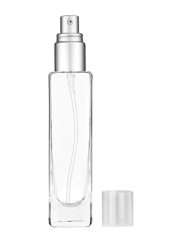 Slim design 50 ml, 1.7oz  clear glass bottle  with with a matte silver collar treatment pump and clear overcap.